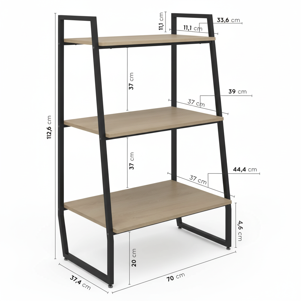 Bookshelf with dimensions labeled on a white background
