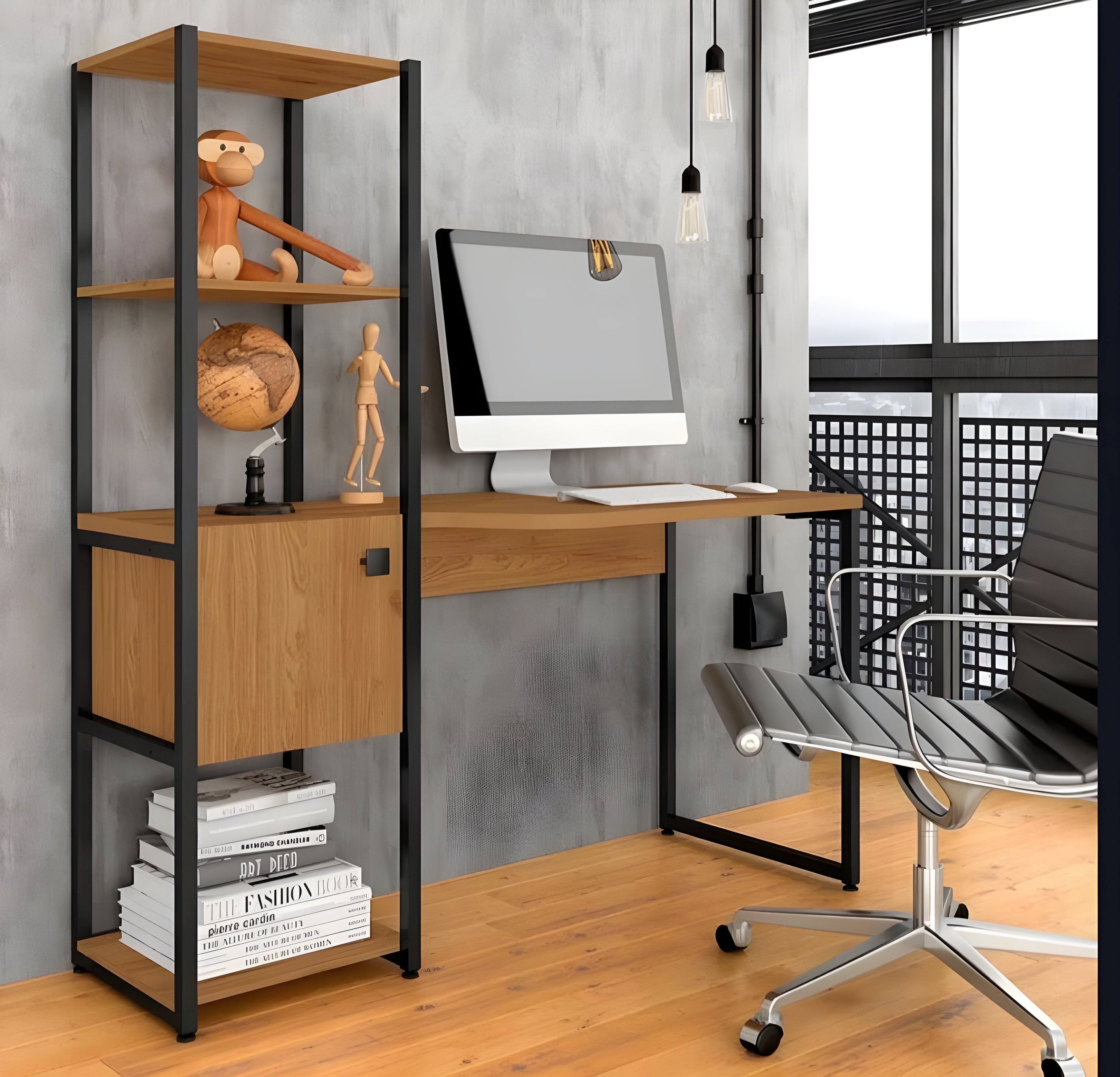 Modern office setup with a desk, chair, and bookshelf.