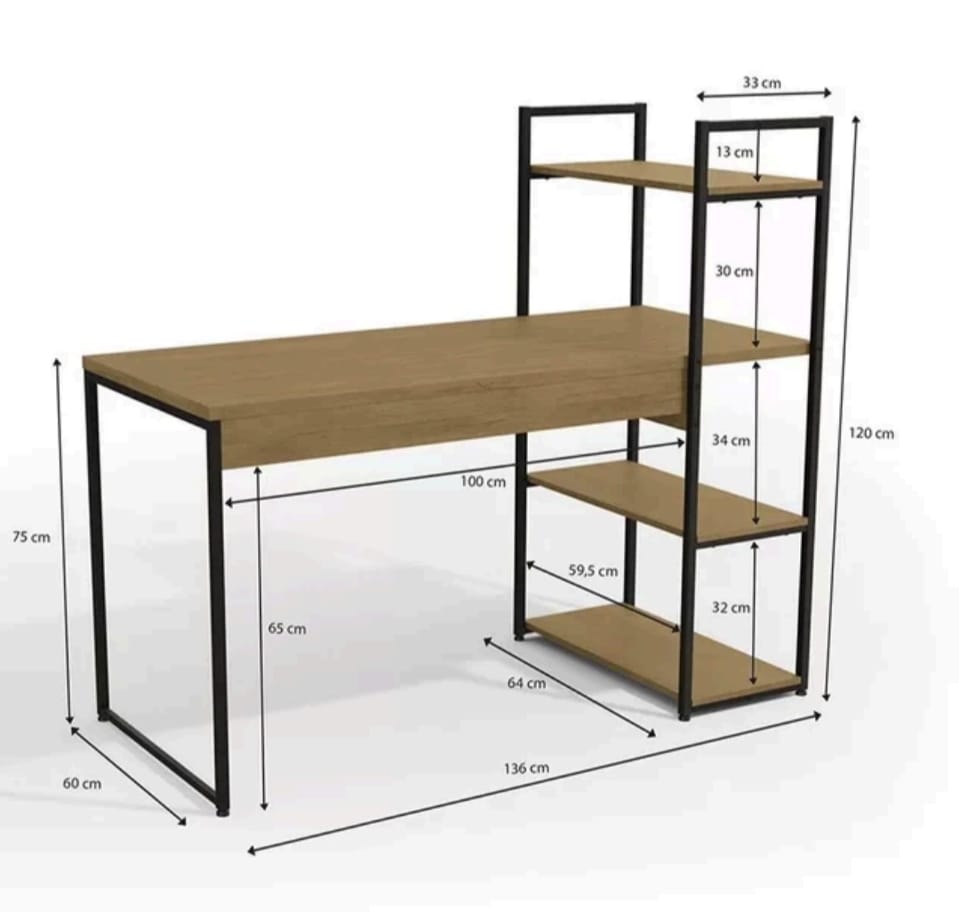 Wooden desk with shelves and dimensions labeled on a white background