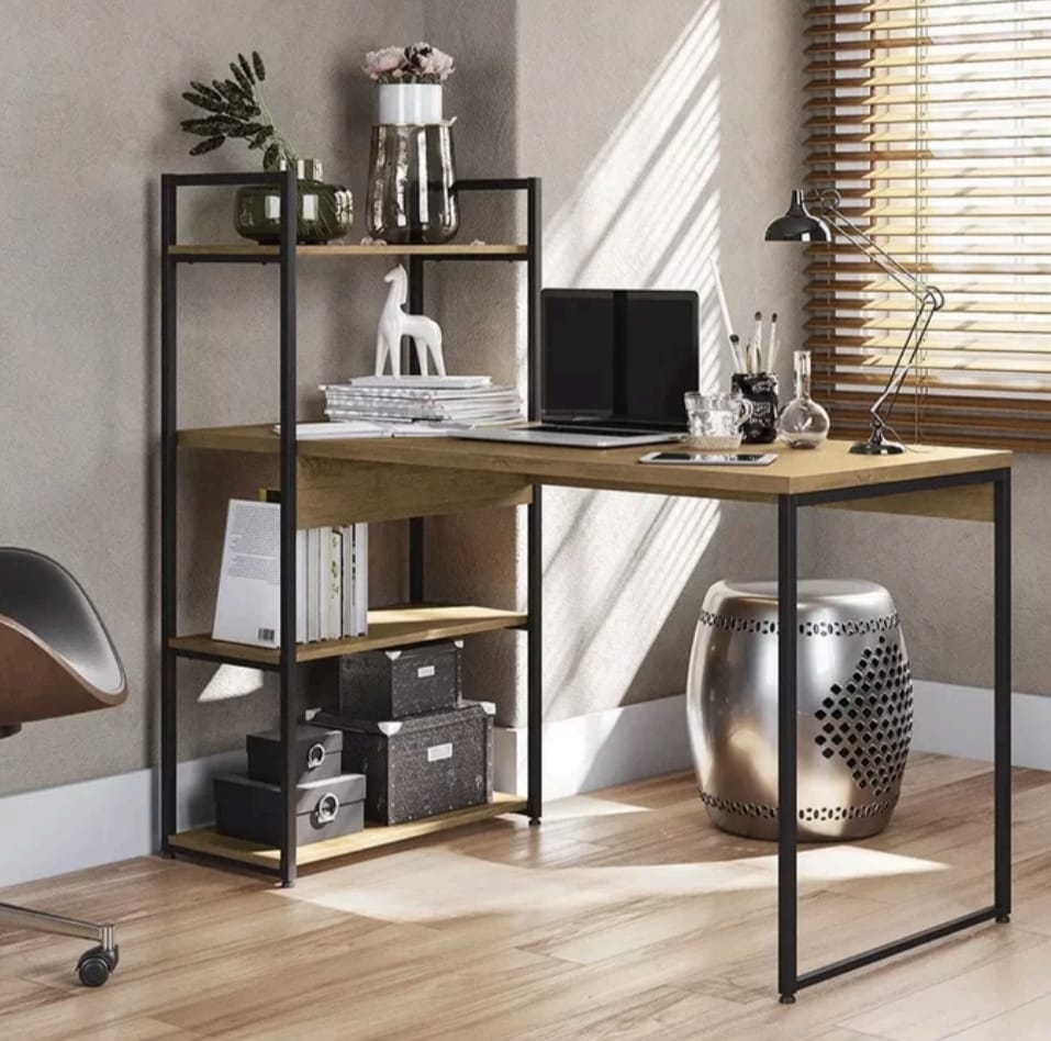 Wooden desk with shelves in a home office setting