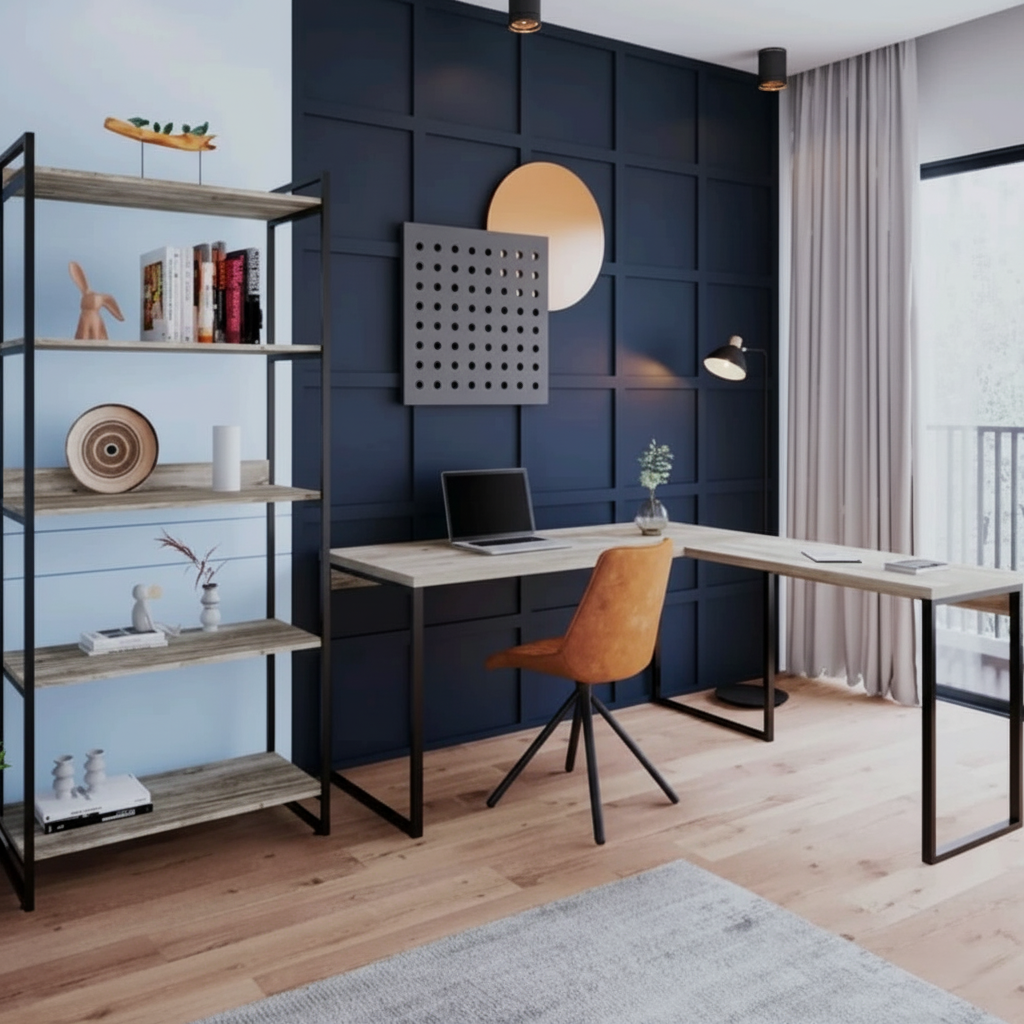 Modern home office with a desk, shelves, and decorative elements.