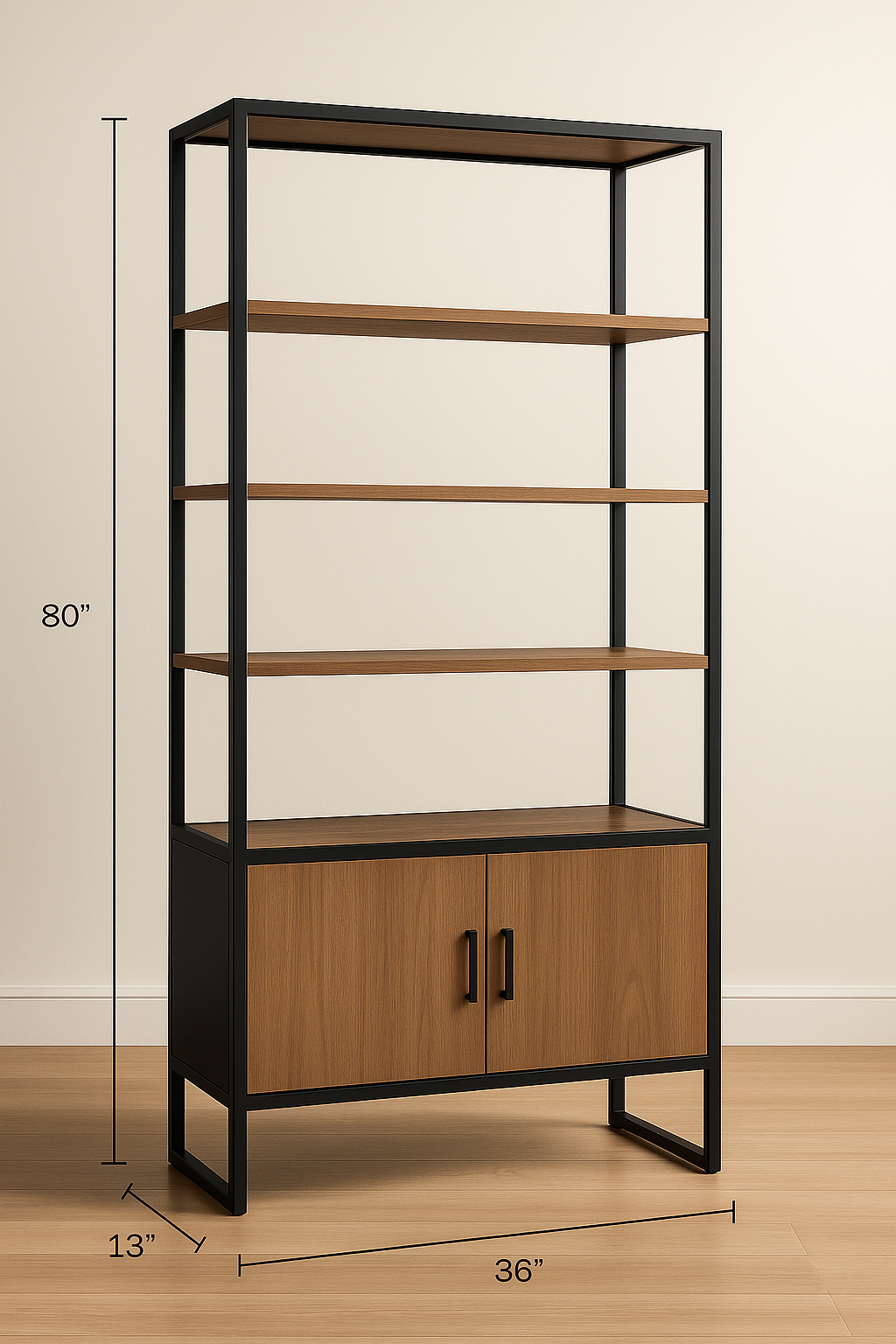 Wooden shelf with metal frame and dimensions on a beige background