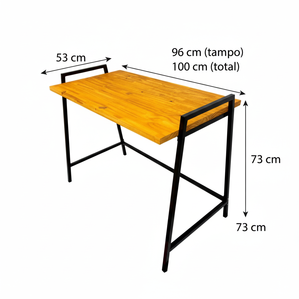 Wooden table with black metal legs and dimensions labeled on a white background