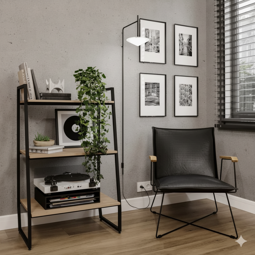 Modern interior with a black chair, record player, and framed pictures on a gray wall.