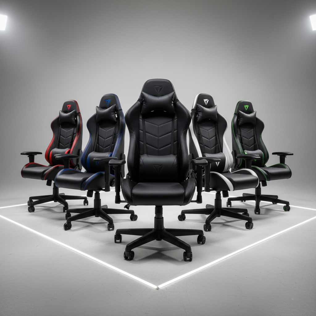 Five ergonomic gaming chairs in black with red, blue, green, and white accents, featuring adjustable lumbar support and headrests, displayed in a well-lit, professional studio setting.
