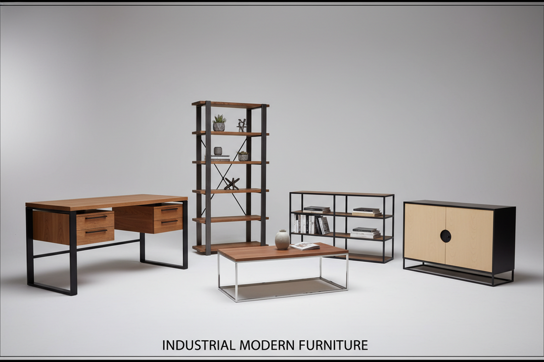 Modular Industrial Modern furniture collection featuring a wooden office desk with drawers, a tall steel frame bookcase, a low coffee table with a chrome base, a modular storage shelf, and a cabinet. All pieces have MDF woodply tops and black metal bases.