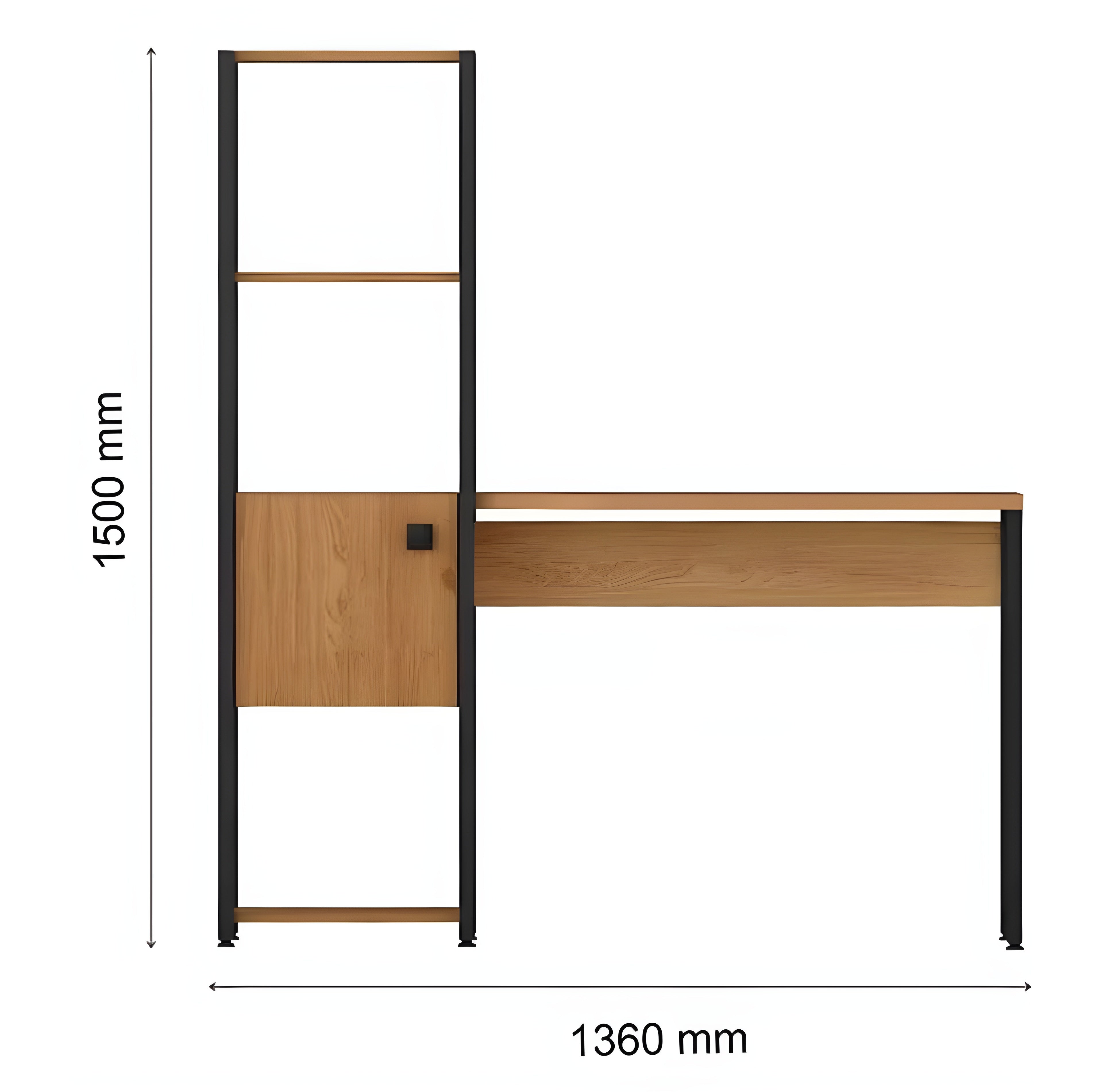 Wooden desk with metal frame and dimensions labeled on a white background