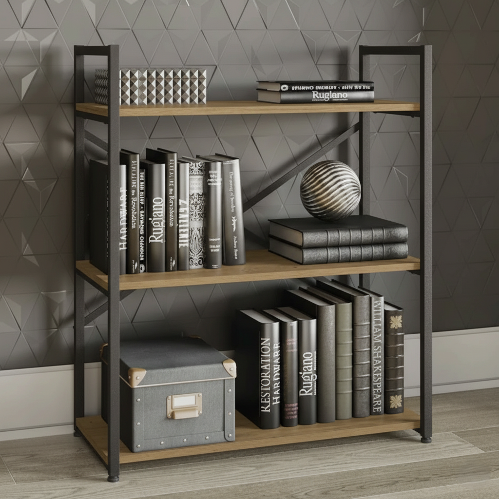 Bookshelf with books and decorative items against a gray wall.
