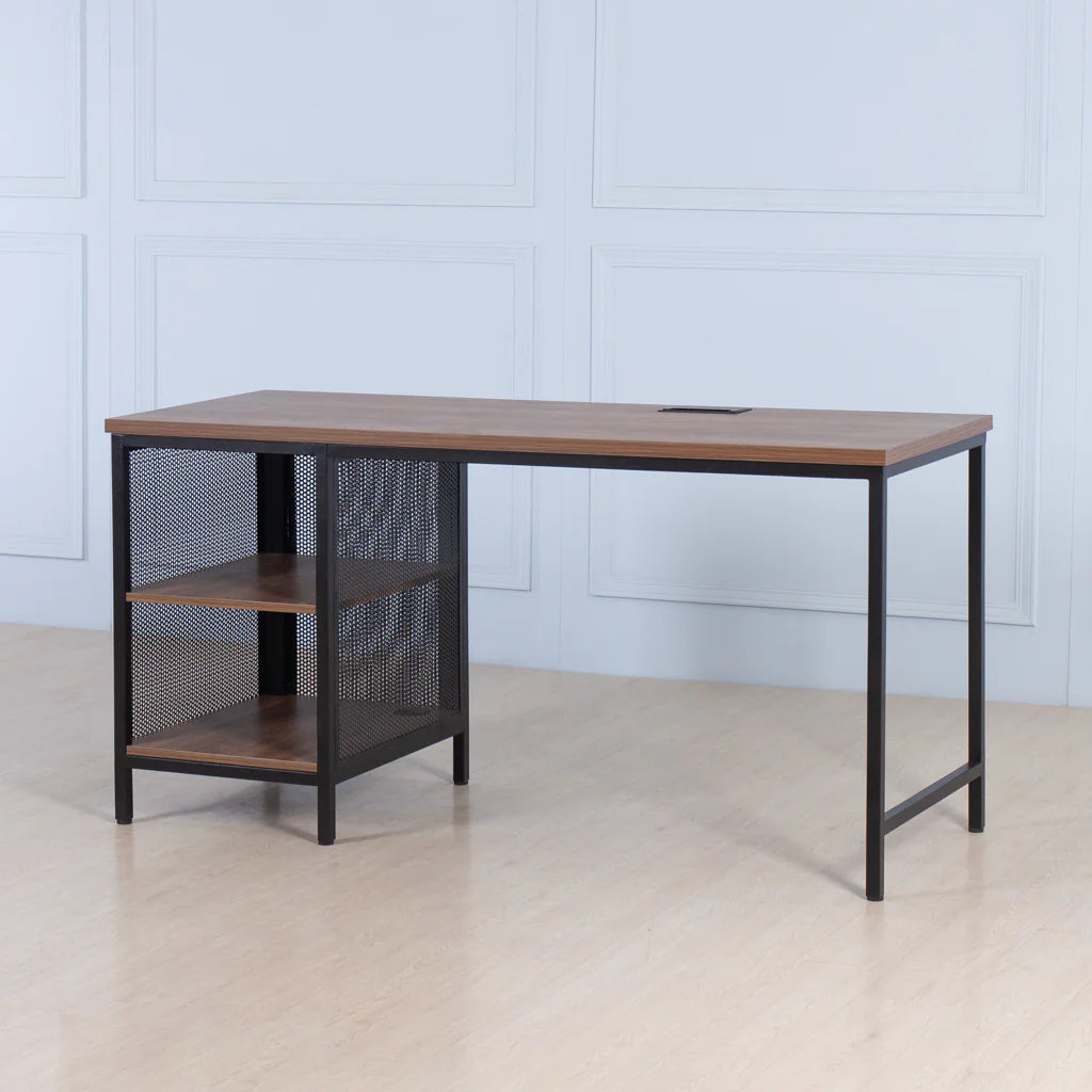 Wooden desk with black metal frame against a light blue wall.