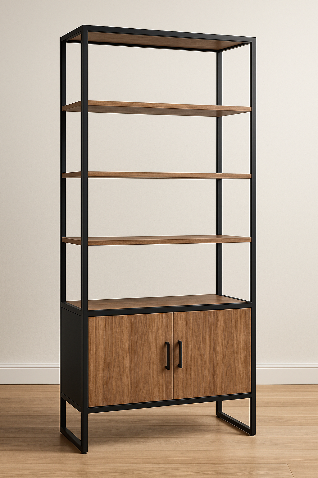 Tall black metal shelf with wooden shelves and doors on a beige background