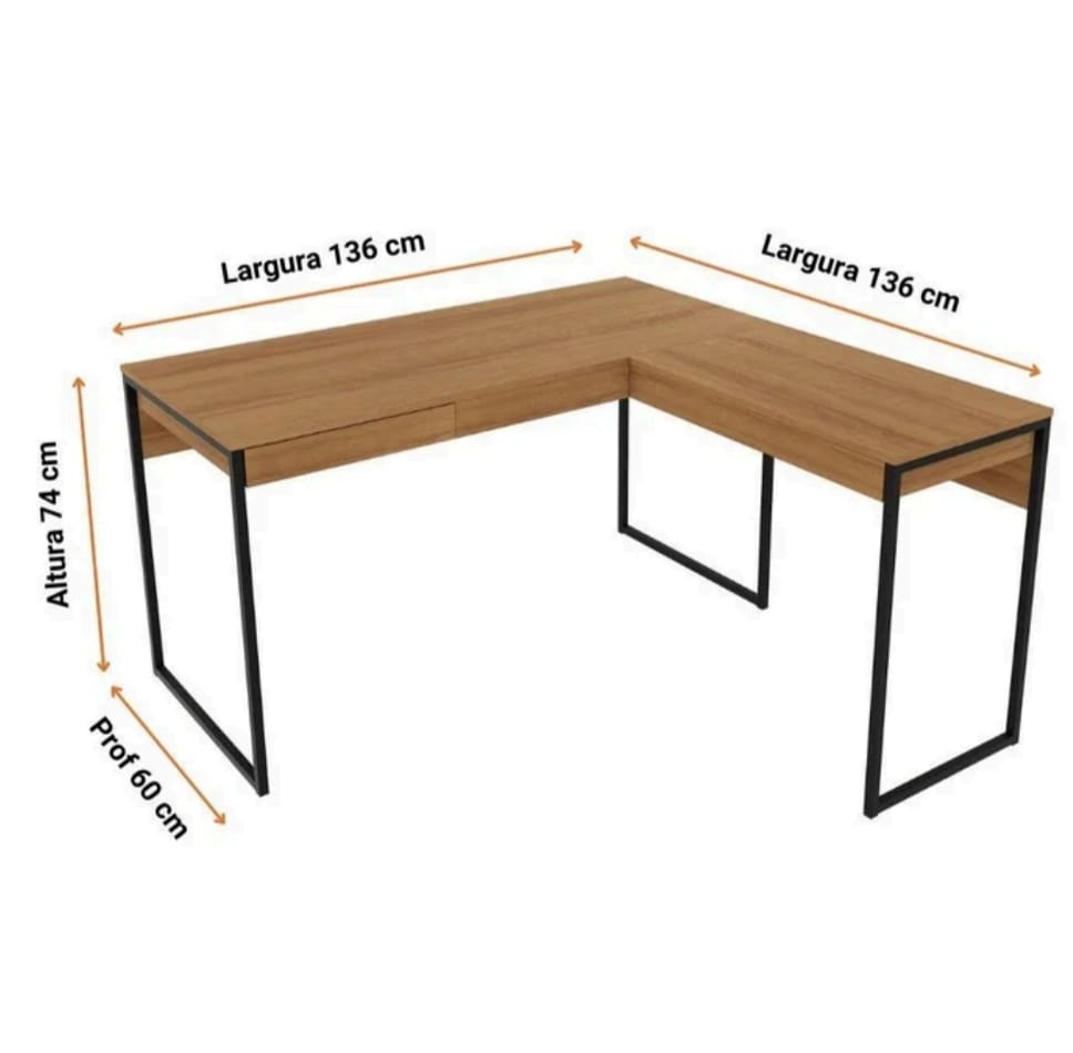 L-shaped wooden desk with dimensions on a white background