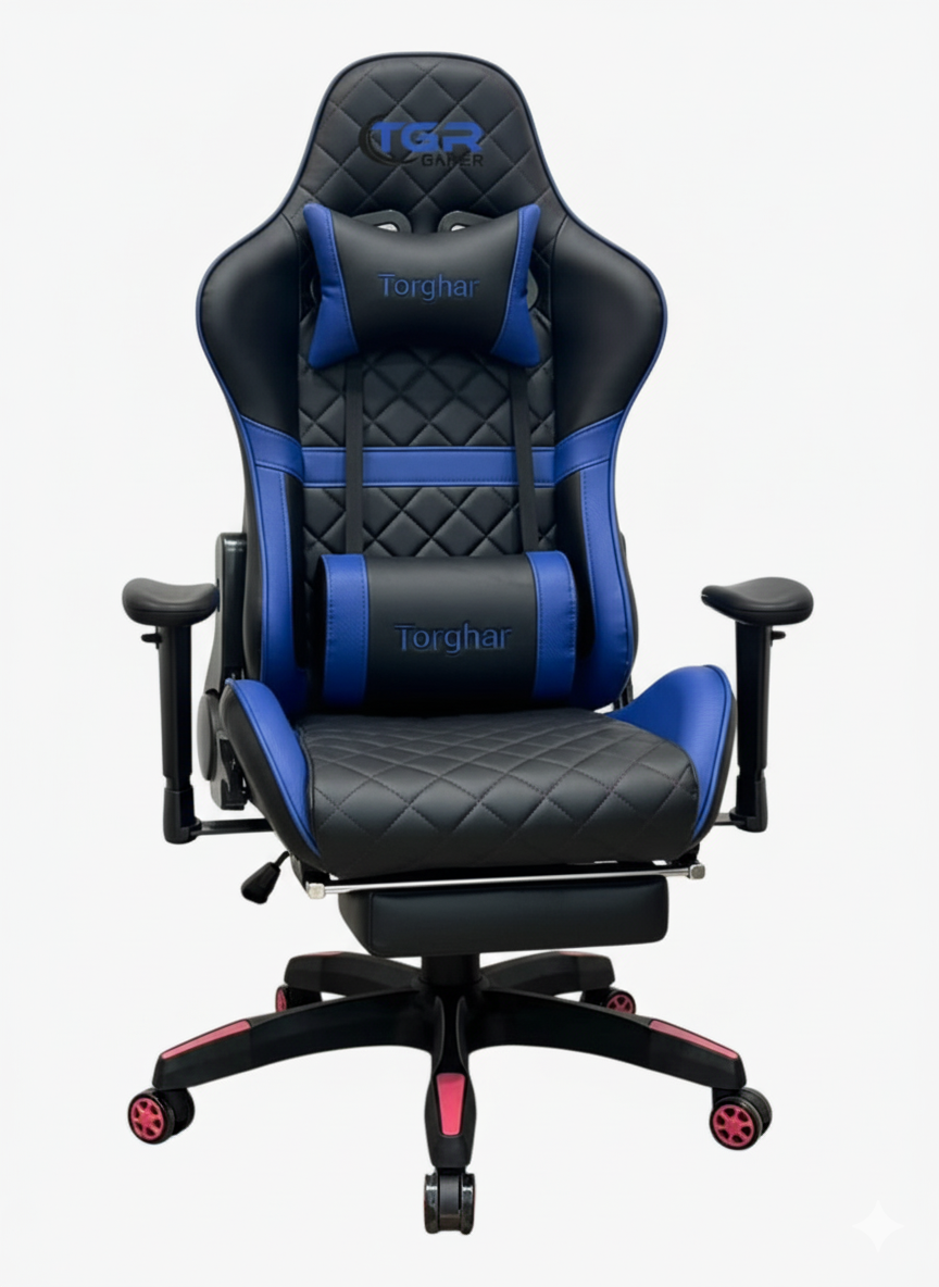 Black and blue gaming chair with 'TGR' branding on a white background