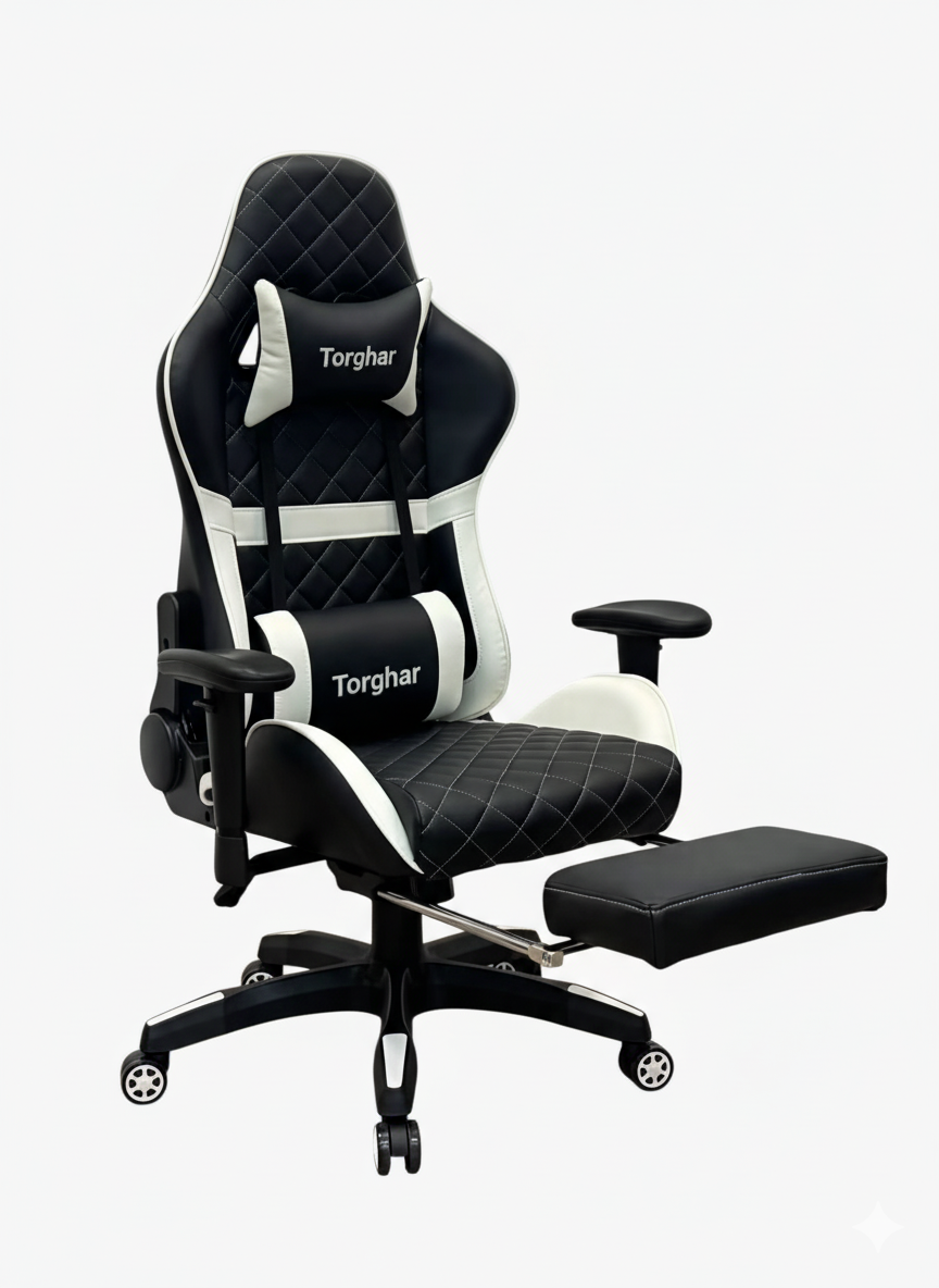 Black and white gaming chair with 'Torghar' branding on a white background