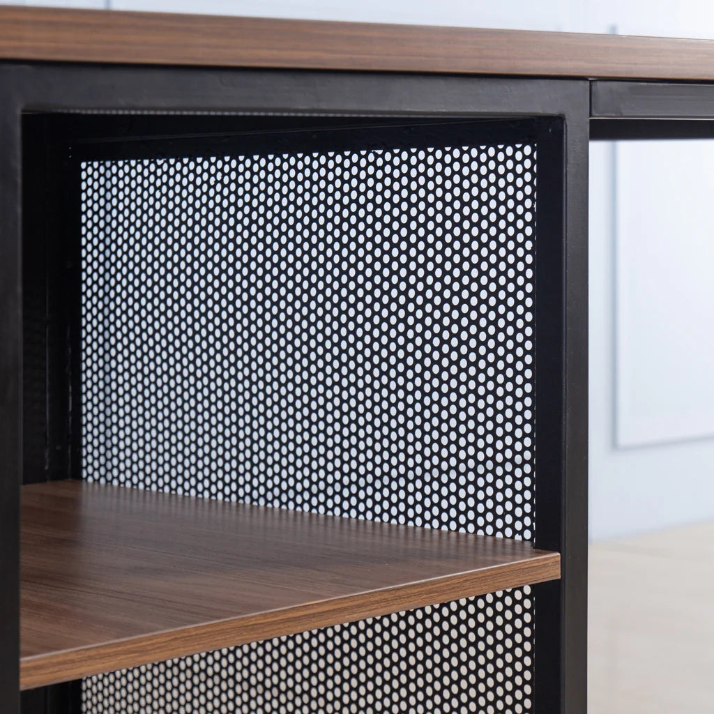 Wooden shelf with perforated metal panel in a minimalistic setting