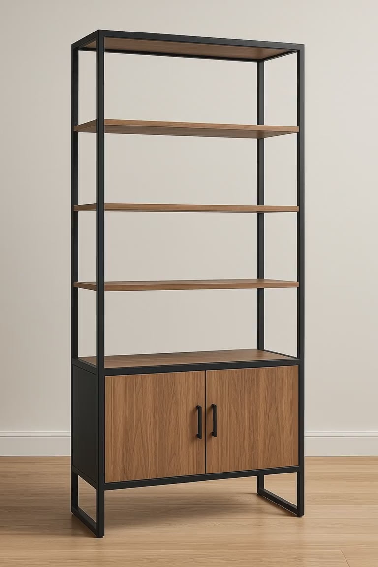 Storage Selves with below cabinet in metal structure and wooden work