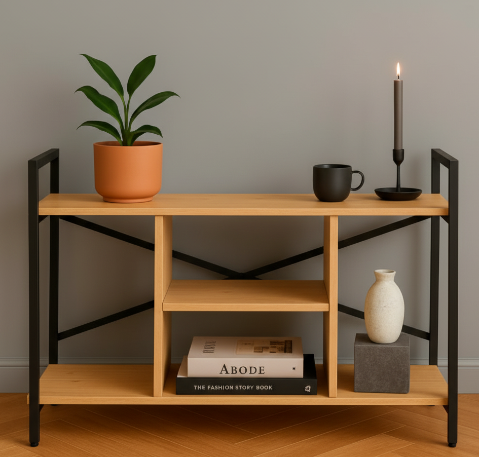 Wooden console table with decorative items against a gray wall