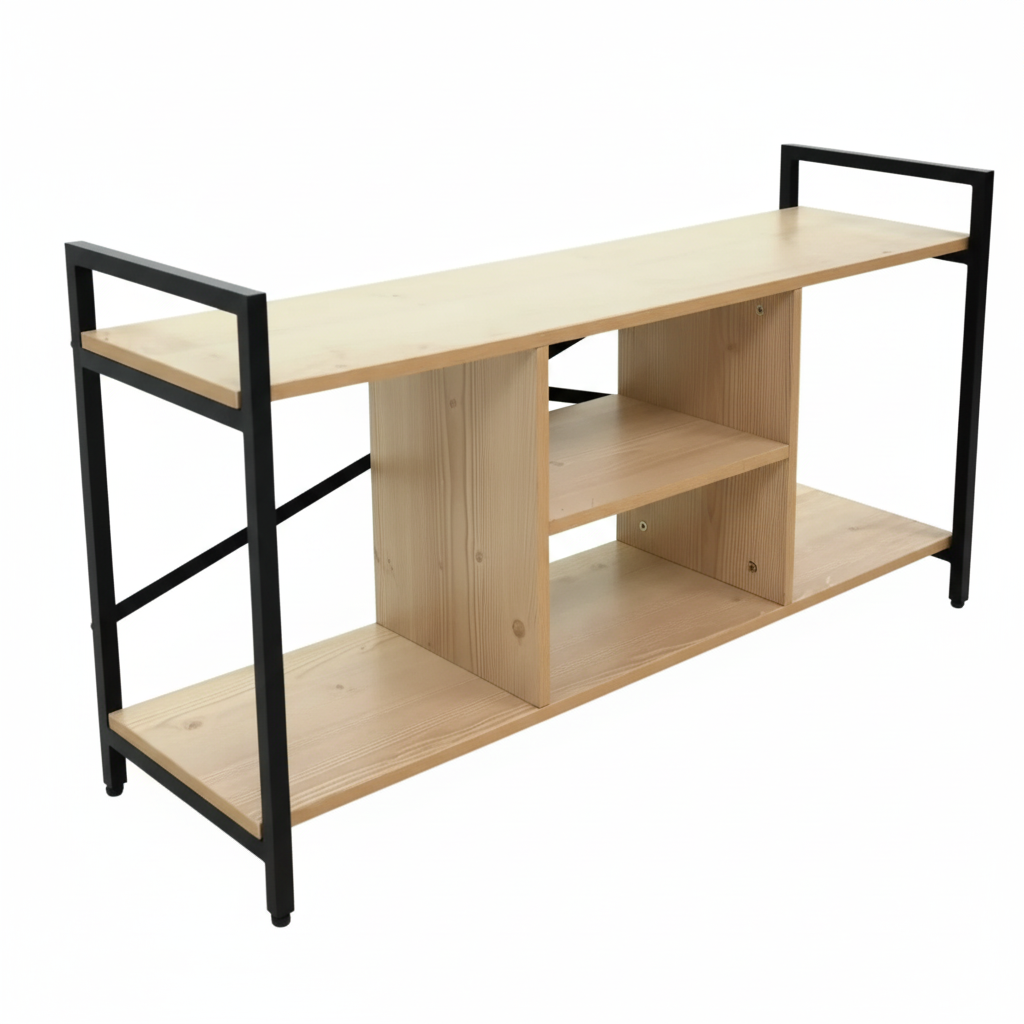 Wooden desk with black metal frame on a white background